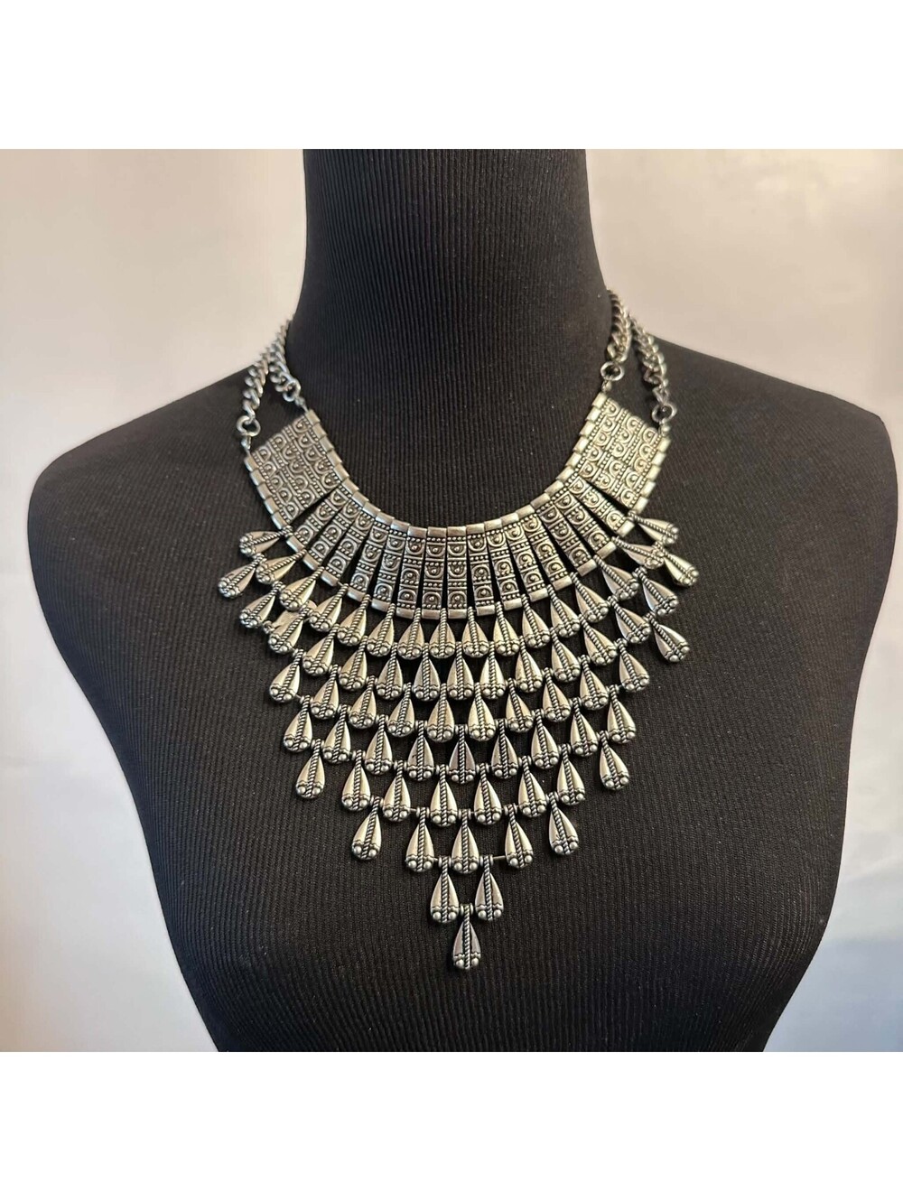 Silver Tone Boho Statement Bib Necklace Layered Dangle Tribal Style EUC